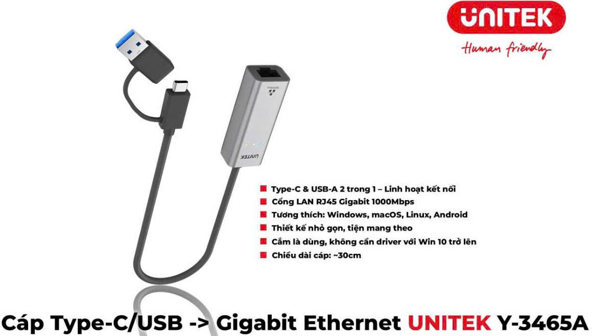 Cáp chuyển  đa năng từ USB/USB type C to lan tốc độ 1000 chính hãng Unitek Y-3465A